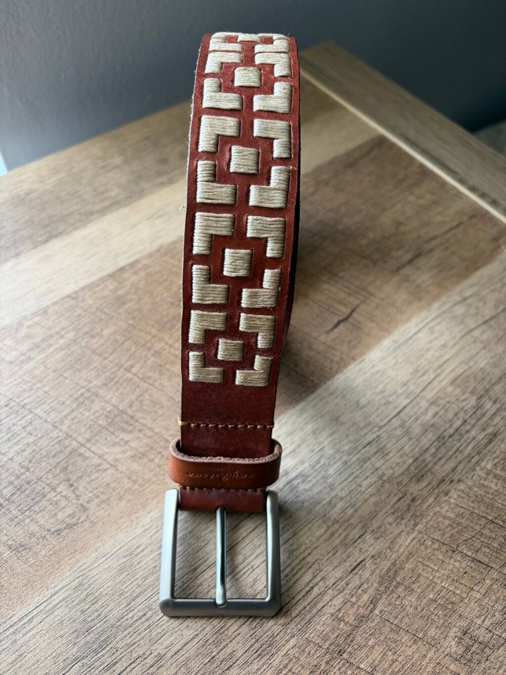 Tommy Bahama Brown Leather Cream Woven Inlay Belt - Men's Medium
